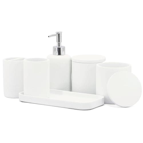 Image of ZCCZ White Bathroom Accessory Set 6 Pieces - Organiser With Toothbrush Holder, Lotion Soap Dispenser, Vanity Tray and 2 Qtip Holders - Modern Decor Accessories