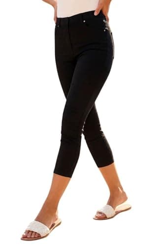 Image of Roman Originals Cropped Jeggings for Women UK Ladies Capri Stretchy Jeans Denim Legging Cotton Summer Trouser Three Quarter 3/4 Length Pull On Cut Off High Waist Smart - Black - Size 14