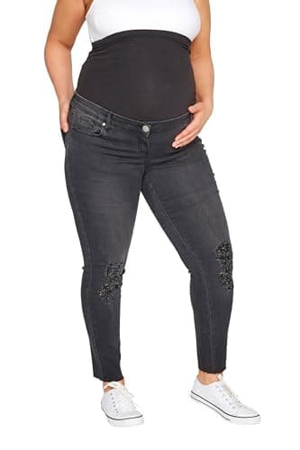 Image of Bump It Up Maternity Curve Washed Ripped Ava Jeans With Comfort Panel & Stretch - Women's - Plus Size Curve