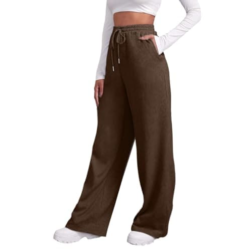 Image of Women's Wide Leg Sweatpants Cozy Fleece Boyfriend Casual Jogger Pants Straight Leg Baggy Elastic High Waisted Sport Yoga Pants Plain Loose Tracksuit Bottoms Joggers UK Brown S