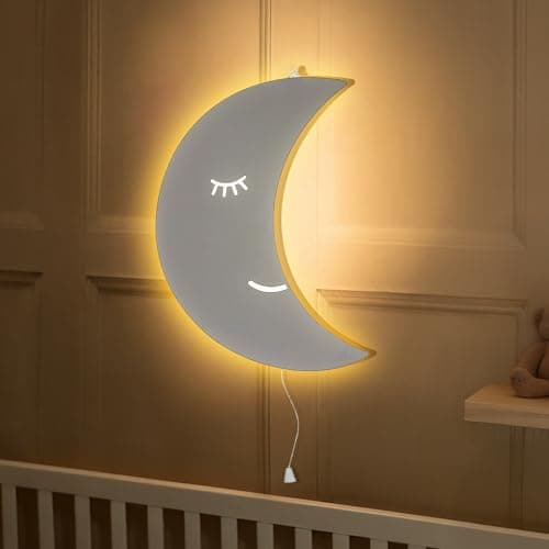 Image of Marco Paul Moon White Wooden Night Light Wall Mounted Nursery Lighting Baby Kids Childs Room Wall Lamp Bedroom Décor Bedside Lamp Crescent Moon