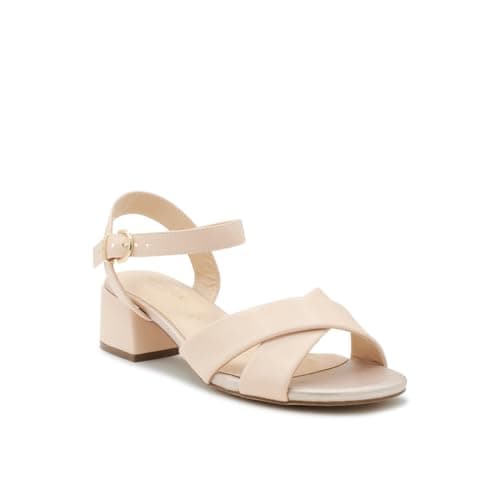 Image of Paradox London Neala Wide Fit Low Block Heel Ankle Strap Sandals with Crossover Straps, Shimmer Material, 4.5cm Heel (Nude, UK Footwear Size System, Adult, Women, Numeric, Wide, 7)