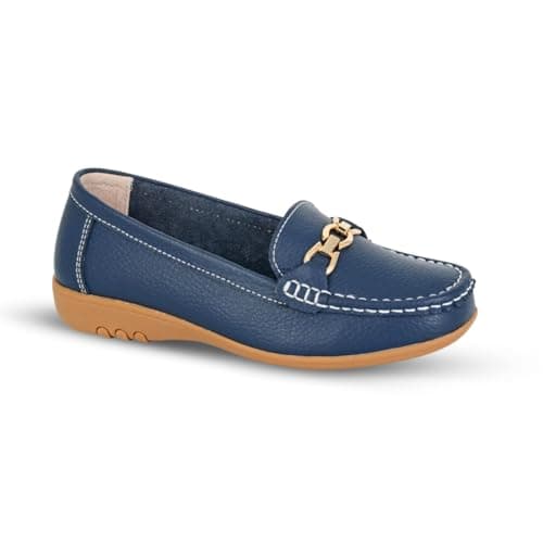 Image of Ladies Loafers Flats Wide Leather Tassle Cushioned Casual Slip On Womens Nautical Boat Comfort Shoes (Navy Saddle Bar, UK Footwear Size System, Adult, Women, Numeric, Wide, 7)