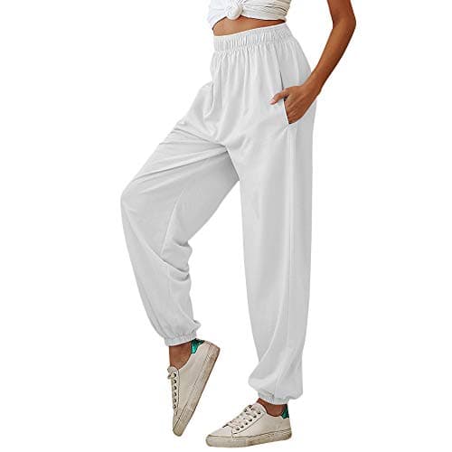 Image of Nuofengkudu Women's Plain Loose Tracksuit Bottoms Breathable Harem Joggers Pants with Pockets Elastic Waist Tapered Leg Sweatpants Running Workout Summer Casual Lounge Wear(Thin-White,S)