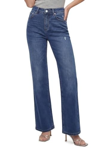 Image of Chasehot Straight Leg Jeans for Women Petite 28 Inch Inseam, High Waisted Stretchy Ripped Jeans, Trendy Wide Leg Boyfriend Mom Cute Ladies Denim Pants, Medium Blue-Size 14