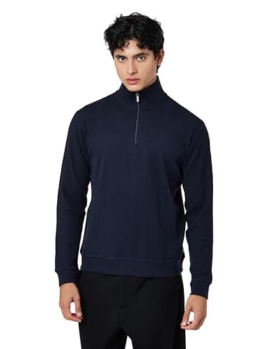 Image of BOSS Men's Structure 1/4 Zip Cotton Blend Pullover with Waffle Structure and Troyer Collar, 403 Dark Blue, L