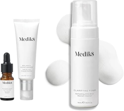 Image of Medik8 Balance Moisturiser (50ml) & Glycolic Acid Activator (10ml) & Clarifying Foam (150ml) - 97% Oil-Free Probiotic Mattifier & Refreshing AHA/BHA Blemish Cleanser