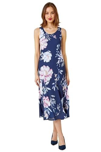 Image of Roman Originals Sleeveless Floral Print Bias Midi Dress for Women UK - Ladies Everyday Holiday Spring Summer Round Neckline Comfy Soft Evening Vacation Work Party - Navy Light Pink - Size 10