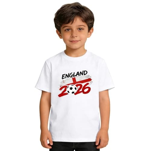 Image of England Shirt, Boys England Football Shirt 2026: Soft Breathable World Cup Shirts Kids Comfortable Clear Printed Graphic Clothing Casual Classic Jersey 2-13 Years White 9 Years