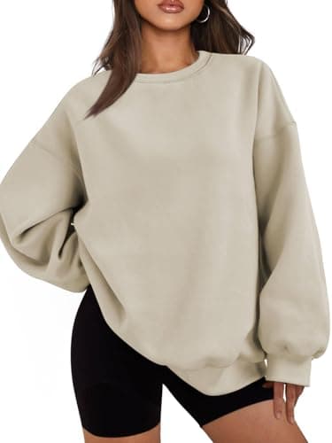 Image of Famulily Casual Sweatshirts for Women Long Sleeve Round Neck Fleece Jumpers Loose Tunic Pullover Tops Beige M