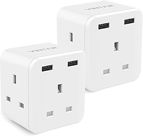 Image of VINTAR Plug Adaptor with 2 USB, 3 Way Plugs Extension Multiplug Socket UK Double Plug Adapter, 13A UK 3 Pin Power Socket for Bedroom, Office, Kitchen, White 2 packs