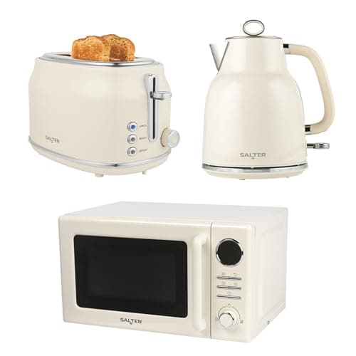 Image of Salter Retro Cream Kettle, Toaster & Microwave Set – 1.7L Rapid Boil Kettle, 2-Slice Toaster with 6 Browning Levels, 20L Digital Microwave with 8 Cook Presets & 25.5cm Glass Turntable