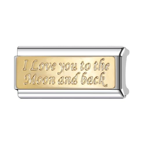 Image of Mon & Sons I Love You To The Moon And Back Gold Superlink Long Double Size Width 9mm Stainless Steel Silver Italian Link Charm Compatible With 9mm Link Bracelet