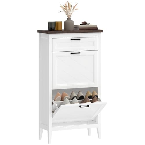 Image of HOMCOM Shoe Cabinet with 2 Flip Drawers, Farmhouse Narrow Shoe Storage Cabinet with Adjustable Shelves, Storage Drawer, Freestanding for Entryway, Hallway, Living Room, Holds 8-12 Pairs, White