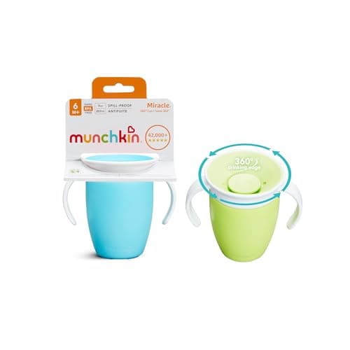 Image of Munchkin Miracle 360 Sippy Cup | Trainer Toddler BPA Free Baby & Toddler Cups w.Handles | Non Spill | Dishwasher Safe Baby | Leakproof | 6+ Months| 7oz/207ml | 2 Pack | Blue/Green