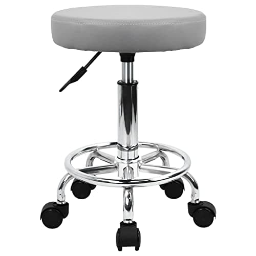 Image of KKTONER PU Leather Round Rolling Stool with Foot Rest Swivel Height Adjustment Spa Drafting Salon Tattoo Work Office Massage Stools Task Chair Small (Gray)