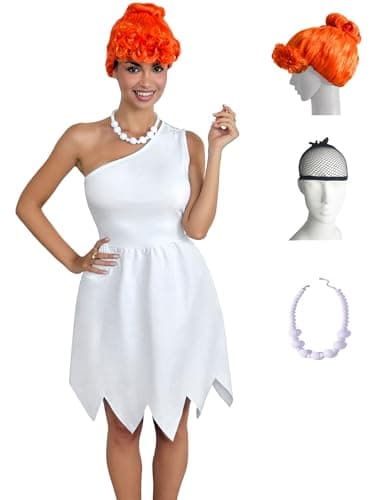 Image of Laqeyko Wilma Flintstone Costume Women Betty Fred Pebbles Costume One Shoulder Halloween Cosplay White LA257-XL