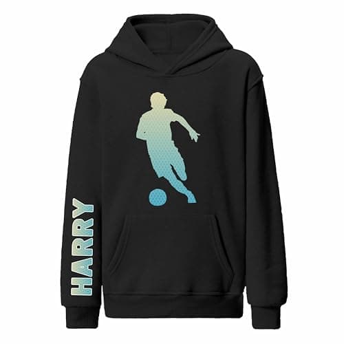 Image of Personalised Football Hoodie for Boys Custom Aqua Name Soccer Top, Footie Player Boys Hoodie & Football Cool Birthday Christmas Gifts - Black 11-13 Years