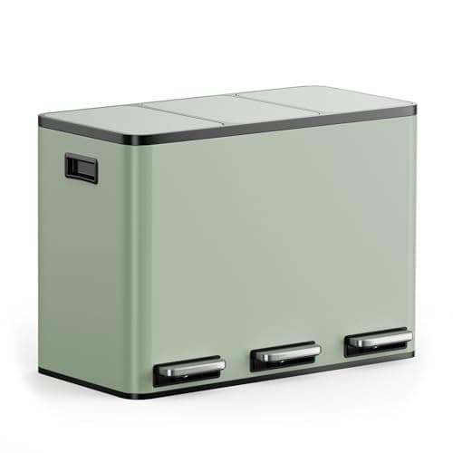Image of VonHaus Kitchen Bin, 45L Sage Green Triple Recycling Bin for Kitchen, Three Section Food Waste Separation System with Non-Slip Base & Removable Inner-Compartments, Airtight Trash Can, 3 x 15L