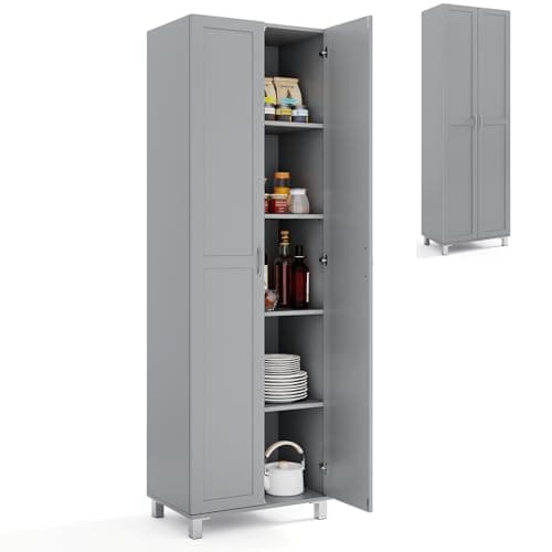 Image of COSTWAY 187cm Tall Kitchen Cupboard, 2-Door Buffet Pantry Storage Cabinet with Adjustable Shelves, Elevated Feet & Anti-tipping Device, Freestanding Sideboard Organizer Unit for Dining Room (Grey)