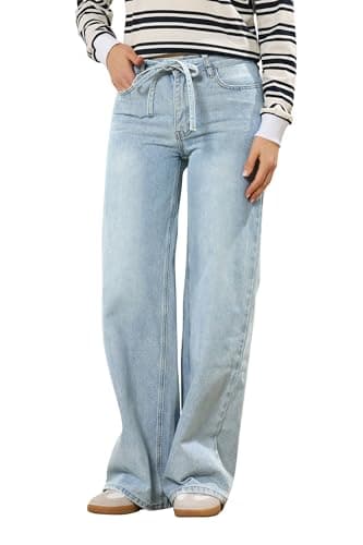 Image of Long Tall Sally - LTS Tall Wash Tie Waist Cotton Wide Leg Jeans - Women's Light Blue