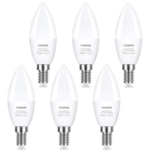 Image of YUWDW E14 LED Light Bulb,Cool White 6000K,6W (60 Watts Equivalent) SES LED Candle Bulbs Small Screw,Energy Saving Edison Screw Light Bulbs,550 Lumen Candle Light Bulbs,Non-Dimmable,Pack of 6