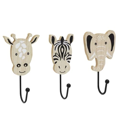 Image of Carousel Home Set of 3 Safari Animal Wooden Wall Hooks, Kids Jungle Nursery Coat Hooks with Zebra Giraffe Elephant and Black Metal Hooks
