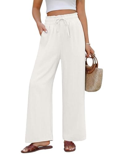 Image of PASUDA Womens Linen Trousers Summer Wide Leg Pants Cotton Linen Casual Pants with Pockets Elasticated High Waist with Drawstring Loose Lounge Pants for Ladies (Beige, XL)