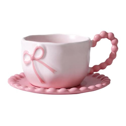 Image of Huipalon Bow Cup and Saucer Set 350ml Pink Bow Ceramic Coffee Mug Cute Mug Gifts for Women Girl Daughter Sister Bestie Friends Birthday Preppy Pink Stuff for Home School Office Use