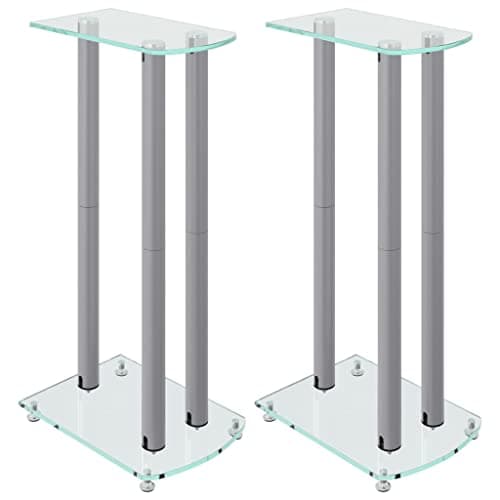 Image of vidaXL Speaker Stands 2 pcs, Speaker Floor Stand Bookshelf Speaker, Monitor Speaker Stand, Modern Style, Silver Tempered Glass 3 Pillars Design