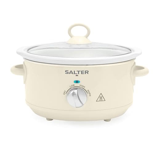 Image of Salter Retro Cream 3.5L Slow Cooker – 3 Heat Settings & Keep Warm, Dishwasher Safe Ceramic Pot, Tempered Glass Lid, Cool Touch Handles, Family Cooking, Stews, Casseroles, Curries, 200W