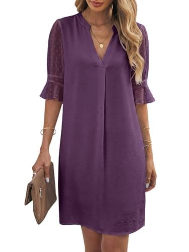 Image of KISSMODA Womens Elegant V Neck Dress Sheer Mesh Dot Ruffle Half Sleeve Shirts Dresses Solid Color Basic Shift Dress Purple