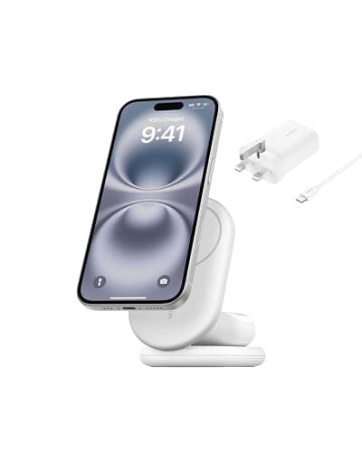 Image of Belkin BoostCharge 2-in-1 Magnetic Foldable Qi2 Charger 15W, MagSafe Compatible Wireless Charger, Fast Charging for iPhone 17, Air, 16, 15, Charging Station with Non-Slip Base, PSU Included - White