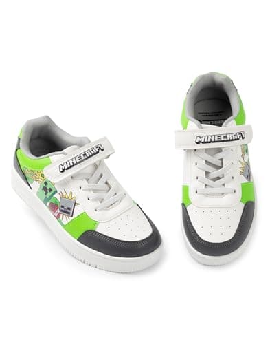 Image of Minecraft Creeper Boys Trainers in White, Green & Black | Hook and Loop Closure Casual Footwear | Everyday Wear for Kids Blocks Design - 1 UK Child