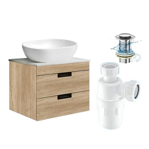 Image of BELOFAY 600mm Wall Mounted Vanity Unit with Basin | Two Soft-Close Drawers | Modern Floating Design with Countertop Basin & White Wooden Worktop, Trap & Waste, Tap not included | Wood Grains