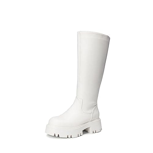 Image of DREAM PAIRS Women's Knee-High Boots, Comfortable Chunky Block Heel Pointed Toe Pull On Side Zipper Suede Slouch Riding Boots Fashion and Waterproof,Size 5.5,White,SDKB2301W