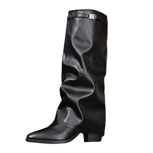Image of Generisch Knee-High Boots, Women's Platform, Wide Shaft Boots, Women's Fold Over Winter Boots, Elegant Shaft Boots, Block Heel, Slip-On Boots with Belt Buckle, Cowboy Boots, Comfortable Middle Tube