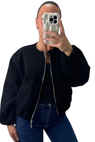 Image of Women’s Balloon Sleeve Zipper Bomber Jacket, Ladies Lightweight Stylish Zip-Up Coat with Trendy Balloon Sleeves for Casual Elegant Outfits (Black, 8-14)
