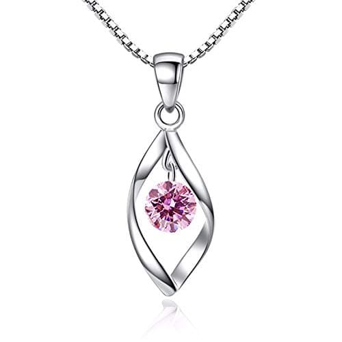 Image of Zolkamery Silver Necklaces for Women, 925 Sterling Silver Necklace with Pink Zirconia, Hypoallergenic White Gold Necklace Chain with Waterdrop Pendant, Jewellery for Mother Girlfriend with Gift Box