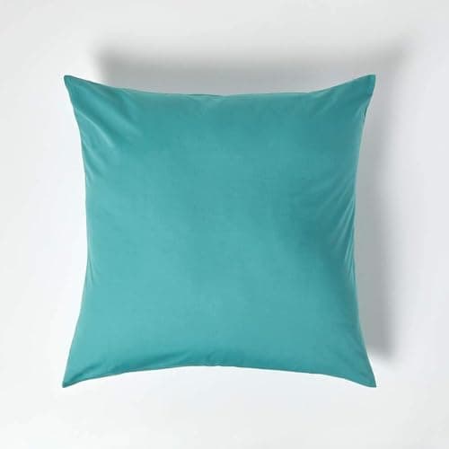 Image of HOMESCAPES Teal Pure Egyptian Cotton Euro Size Pillowcase 80 x 80 cm 200 TC 400 Thread Count Percale Equivalent Large Square Pillow Case with Zip Pack of 2