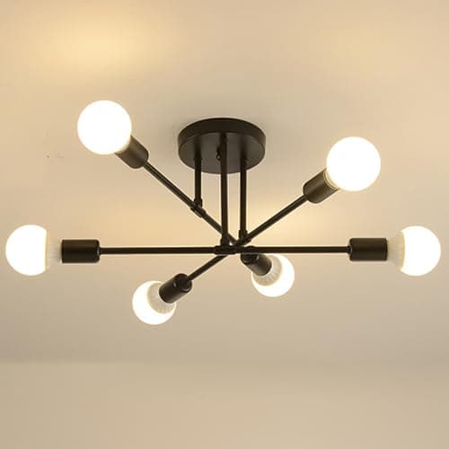 Image of Goeco Vintage Metal Ceiling Light with E27 Lampholder, Industrial Chandelier Ceiling Lighting Fixture with 6 Arms, Black Semi-Flush Ceiling Lamp for Bedroom, Living Room, Dining Room, Kitchen