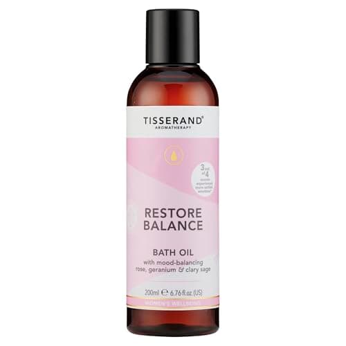 Image of Tisserand - Restore Balance Bath Oil - Perimenopause, Menopause & Menstruation Support for Women - Rose, Clary Sage & Geranium - 100% Natural Essential Oils - 200ml