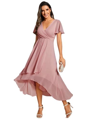 Image of Ever-Pretty Women's Dress Midi Chiffon V-Neck and Ruffled Sleeves High-Low Wedding Guest Dress Dusty Rose 16UK