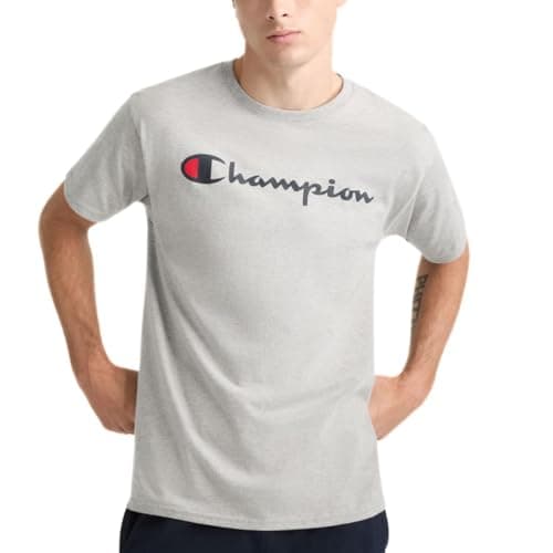 Image of Champion Men's, Classic Graphic, Soft and Comfortable T-Shirts Logo (Reg. Or Big & Tall), Oxford Grey Script, Large