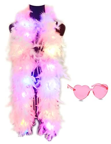Image of JIANGLAI Colorful Feather Boas, 6.6ft Boa with 20 Color LED Lights for Women for Dancing Wedding Party Halloween,with Heart Sunglasses (Pink)