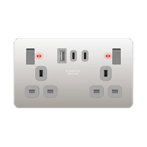 Image of LIDER 2-Gang Switched 13A Socket with USB TYPE C & A Ports, Stainless Steel, LED Indicator, Always-On USB Ports, 25W Combined Output, UKCA Certified, Polished Chrome(Use a 35mm-deep back box)