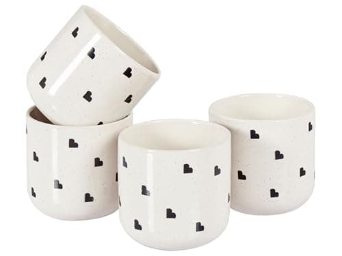 Image of Beliani Set of 4 Mugs Stoneware Kaolin Handmade Reactive Glaze Finish Heart Pattern White Annise
