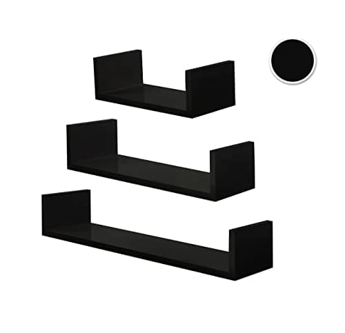Image of HOMION Floating Shelf Set Of 3 Different Sizes U Shape Wooden DIY Display Unit Shelves U shaped Wall Mount Shelf Living Room Kitchen Garage Caravan Camping Room Storage Shelves (Black)