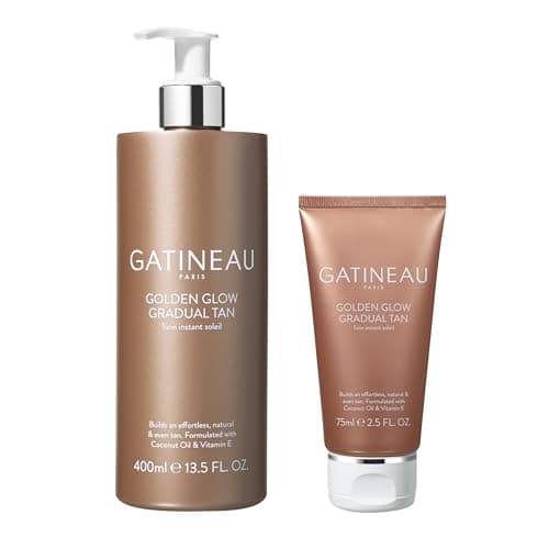 Image of GATINEAU Golden Glow Gradual Tan - 400ml + 75ml, Self Tan Lotion + 2 in 1 Body Moisturiser, Easy Application, Coconut Oil & Vitamin E, Buildable Natural Tan, Dermatologist Tested & Cruelty Free