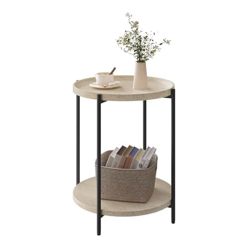 Image of WOLTU Round Coffee Table, Small Side Table with 2 Shelves, for Living Room Bedroom, MDF + Metal, Light Oak, BTS06hei